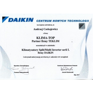 Certyfikat autoryzacji marki Daikin dla KLIMA-TOP 2017